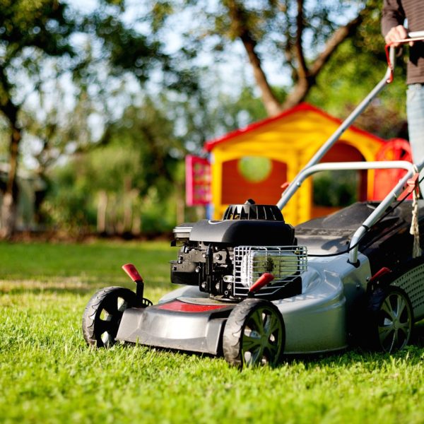 man mowing healthy green lawn