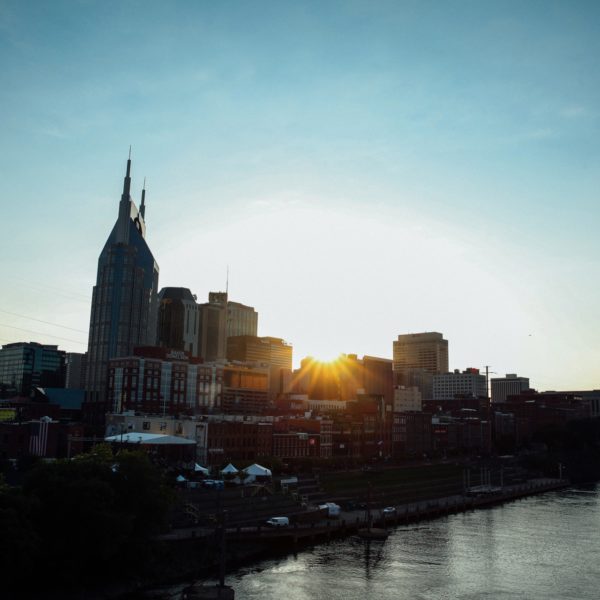 View of downtown Nashville at sunset, from east side of town