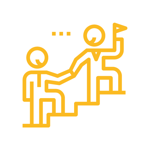 Yellow graphic design of two figures walking up the stairs holding a flag