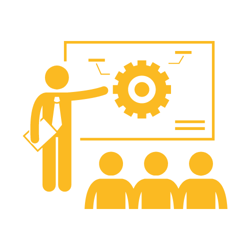 Yellow graphic design of a teacher, teaching students systems